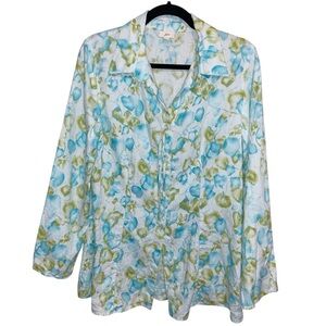 J Jill Tunic Top Womens Small 100% Linen Floral Coastal Resortwear Button Shirt